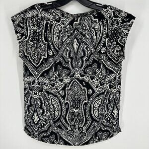 Talbots Paisley Blouse Top Cap Sleeve Satin Boat Neck Black‎ White Work Classic